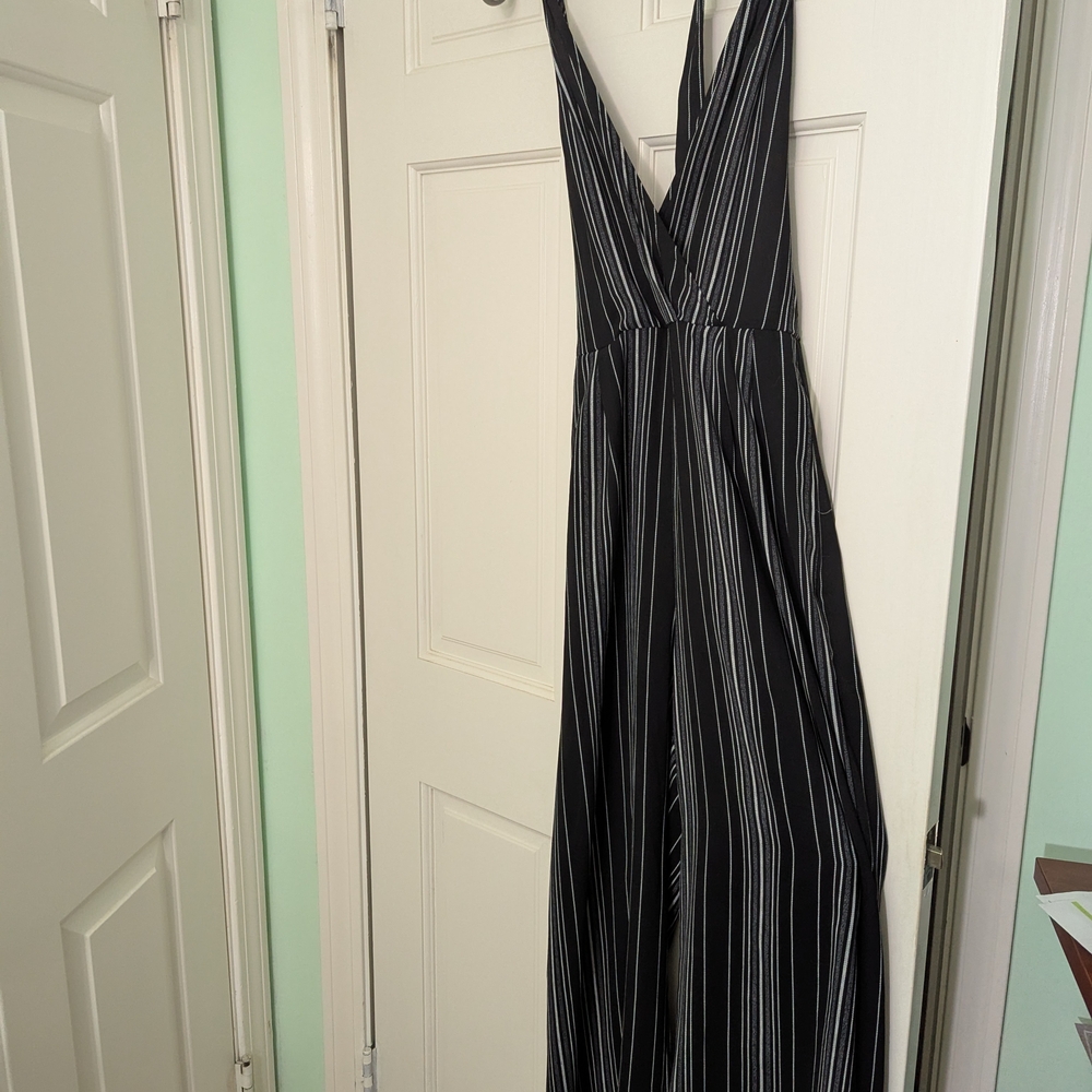 Lulu's Black and White Striped Jumpsuit with Plunging V-Neck